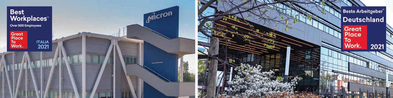 side by side photos of Micron Italy and Germany with "Great Place To Work" award logos.