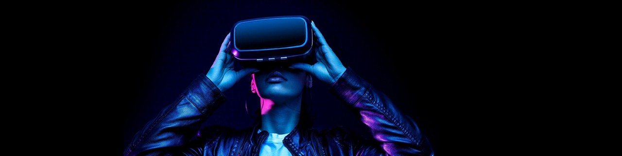 a woman seeing through a VR headset
