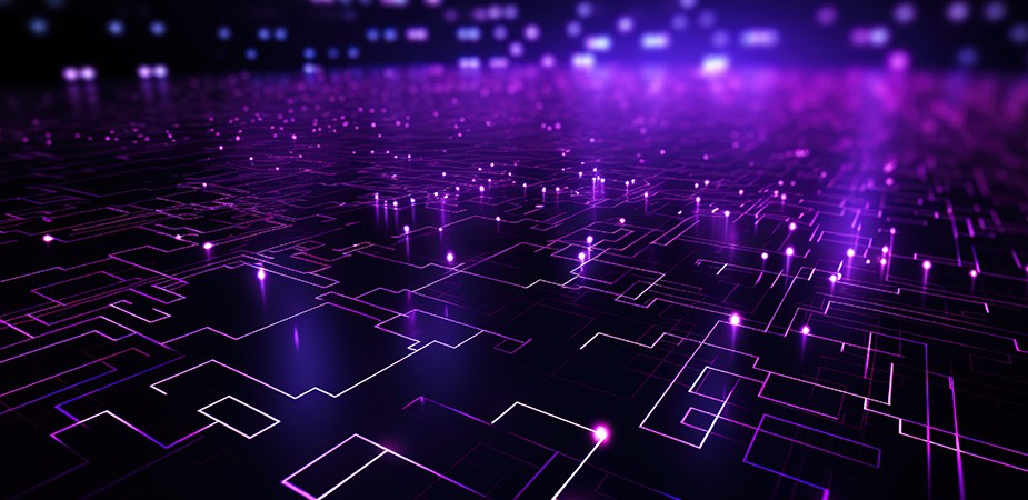 Abstract close-up of a glowing purple circuit board suggesting interconnected blockchain nodes