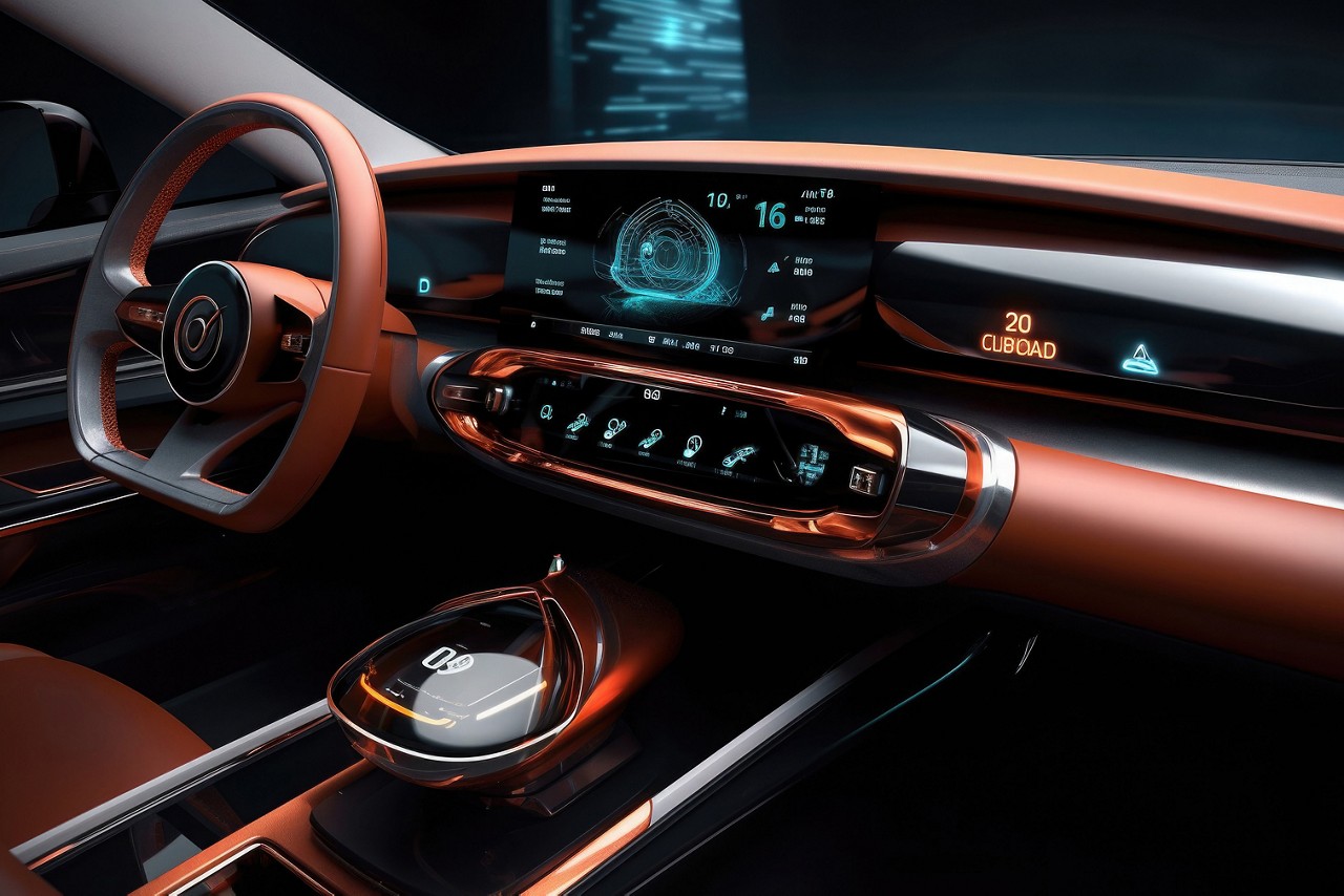 Interior of smart car in pink/red hues