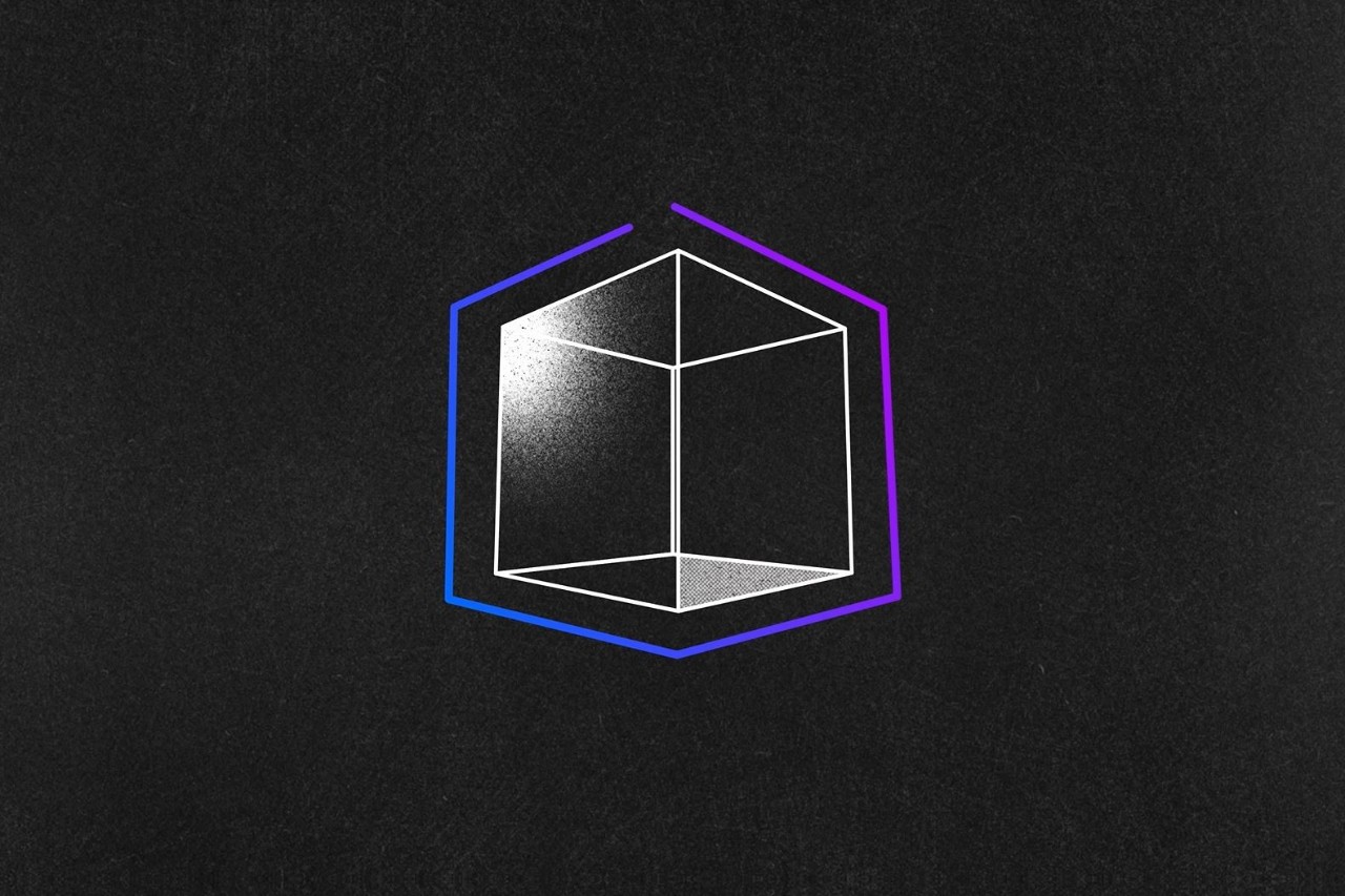 Image of 3-dimensional cube with purple and blue outlines